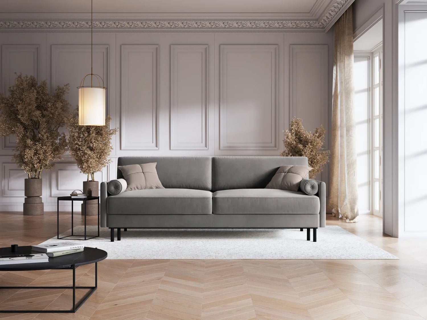Scott 3-Sitzer Sofa, umwandelbar mit Schlaffunktion, mit Bezug aus Samt (Blu13) in Hellgrau, 212x97 cm – Bild 2