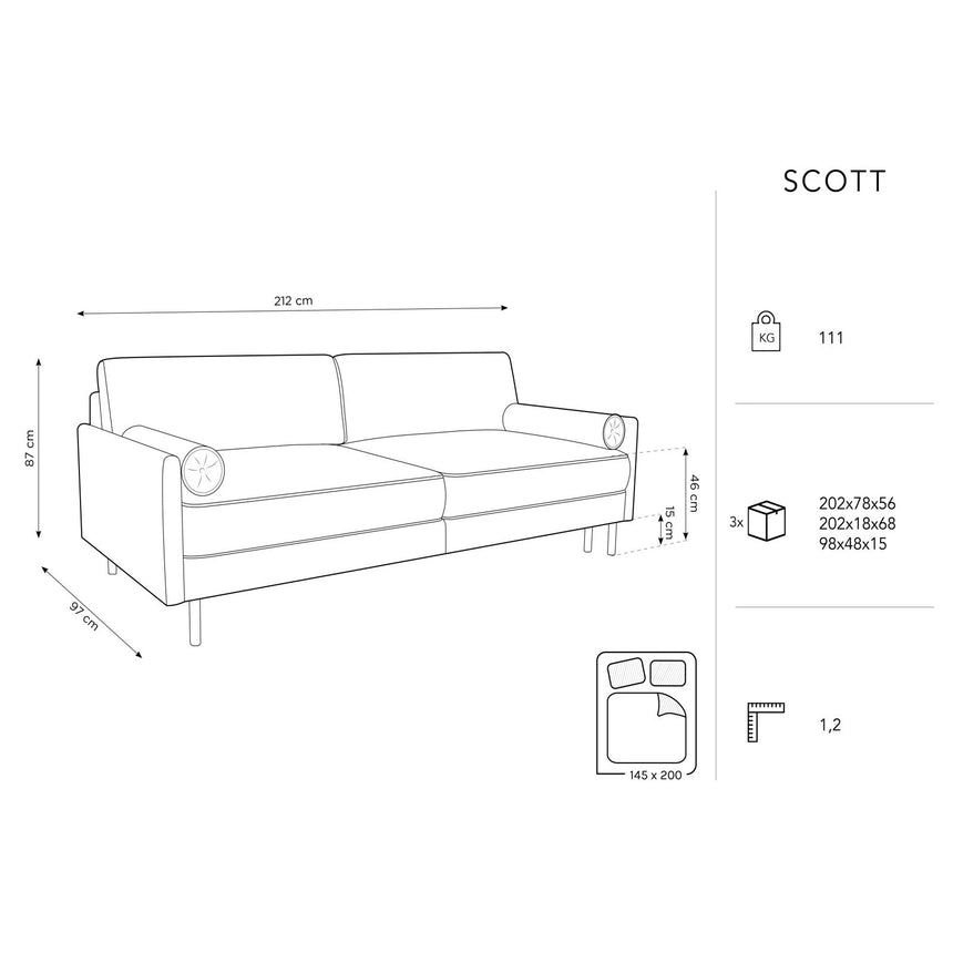 Scott 3-Sitzer Sofa, umwandelbar mit Schlaffunktion, mit Bezug aus Samt (Blu19) in Schwarz, 212x97 cm – Bild 3