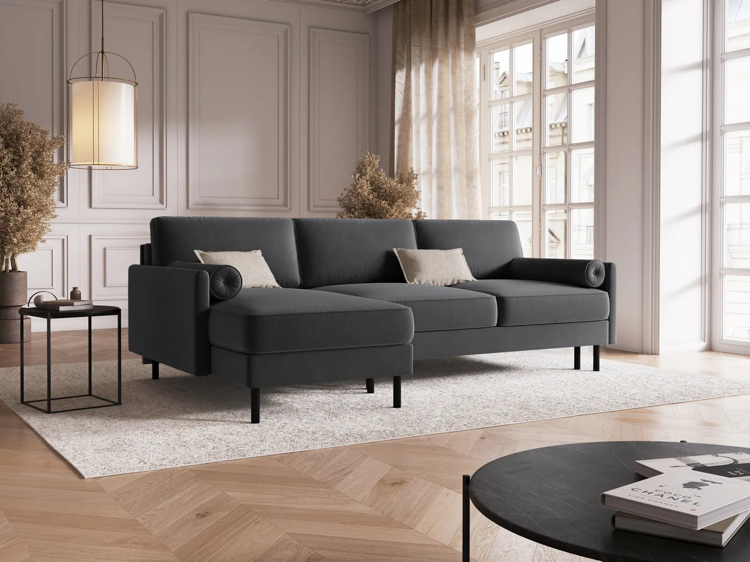 Scott 4-Sitzer Sofa, Linke Seite, umwandelbar mit Schlaffunktion, mit Bezug aus Samt (Blu14) in Grau, 212x142 cm – Bild 2
