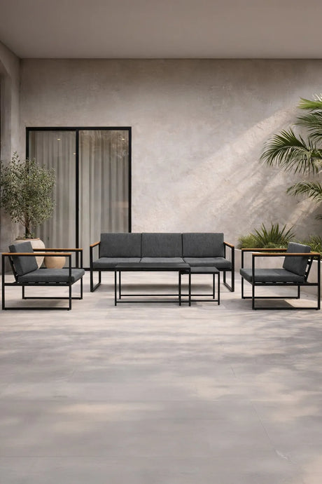 Outdoor Lounge-Sitzgruppe Dakar aus Stahl mit Sprayglas Tischplatte in Schwarz und grauen Kissen von Venture Home – Bild 19