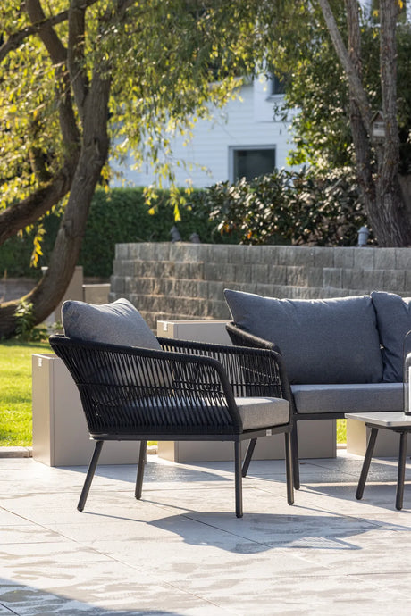 Outdoor Set Lindos aus Aluminium, Polyester Seil und Zement-Tischplatte in Schwarz/Schwarz/Grau von Venture Home – Bild 14