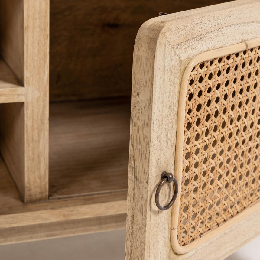 Nalu TV-Schrank 2 Türen aus massivem Mindiholz und Rattan 150 x 50 cm - ZEN ZONE